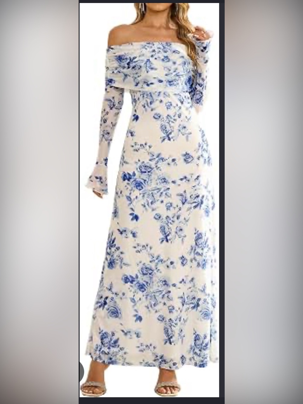 Maxi white Dress with Blue Floral Print - Long Sleeve off the shoulder